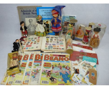 MINIATURE COLLECTOR'S DOLLS, Beano comics, vintage stamps and First Day Covers with a quantity of other ephemera