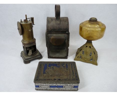 VINTAGE LIGHTING &amp; OTHER METAL WARE to include a lantern style carriage lamp, glass font oil lamp on metal base, brass an