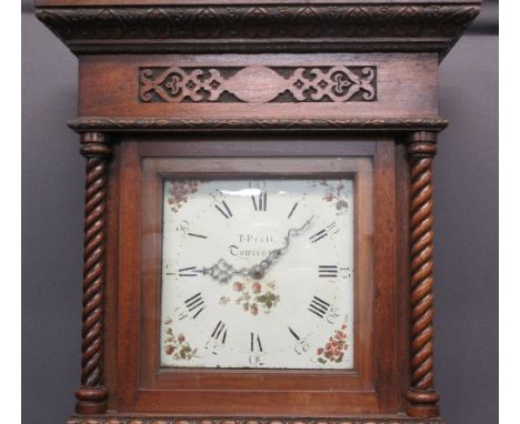 T PRATT TOWCESTER 30 HR 11IN SQUARE DIAL OAK LONGCASE CLOCK - floral painted spandrels and Roman numerals before a single wei