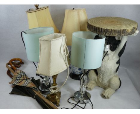 DECORATIVE TABLE LAMPS &amp; SHADES, composite bulldog garden seat along with two brollies and two walking canes