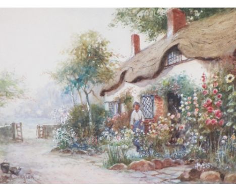 J HUGHES CLAYTON watercolour - thatched cottage with woman in the garden, signed lower left, 28 x 45cms