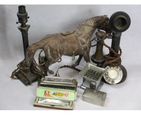 MIXED COLLECTABLES GROUP - leatherwork horse, 29cms H, 36cms L, candlestick type vintage telephone, 32cms H, two vintage case
