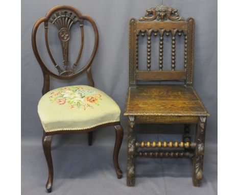 ANTIQUE OAK/MAHOGANY SIDE CHAIRS (2) - the oak example with lion mask, bobbin and fruit carved detail, 94cms H, 46cms W, 38cm