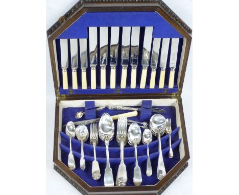 OAK CASED HARLEQUIN QUANTITY OF HALLMARKED SILVER FLATWARE and bone handled Sheffield plate knives, 60 pieces hallmarked, 81.