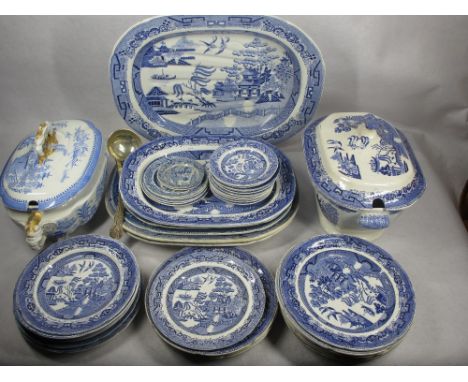 MIXED PEARLWARE &amp; LATER WILLOW PATTERN PART DINNER SERVICE/DRESSER SET - 40 plus pieces by maker's including: Baker, Beva