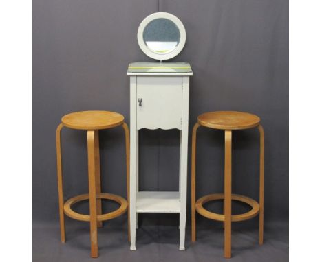 VINTAGE PAINTED SHAVING STAND and two Alvar Aalto type bentwood stools, the stand having circular mirror on adjustable chrome