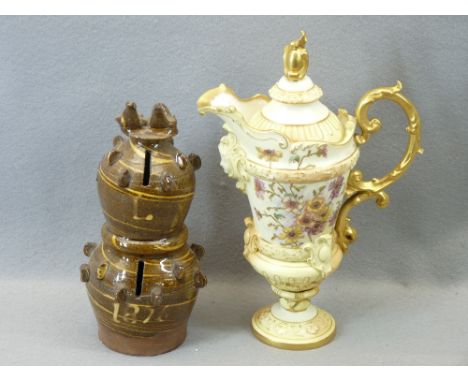 VICTORIAN SLIP WARE DOUBLE MONEY BOX - possibly Buckley? with the letter L dated 1876 and a blush and gilt decorated jug and 
