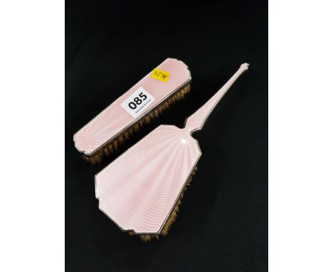 ART DECO SOLID SILVER AND PINK GUILLOCHE ENAMEL DRESSING TABLE BRUSHES