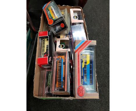 LARGE BOX LOT OF MODEL BUSES, CARS, TRUCKS ETC