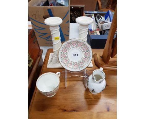 WORCESTER JUG, CUP AND SAUCER + 2 CREAMWARE CANDLESTICKS