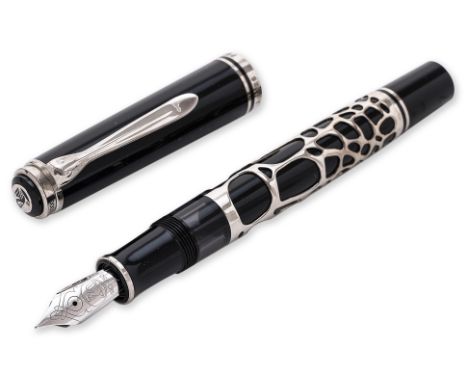 PELIKAN SPIRIT OF GAUDI FOUNTAIN PEN Black resin with sterling silver mounts and webbing to barrel, fine 18K gold nib, archit