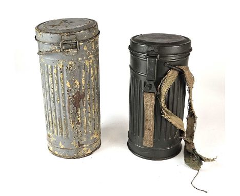 Two German Third Reich gas mask respirator canisters (no masks), comprising one Wehrmacht model short case (1936-38), dated 1