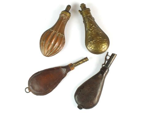 Two 19th century leather shot flasks together with a Dixon &amp; Co copper and brass powder flask, moulded with floral and le