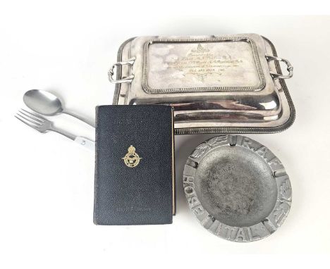 A Second World War RAF Hospital ashtray together with a War Office fork and spoon, an RAF bible and a silver-plated serving d