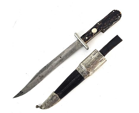 A Joseph Rodgers and Sons, Sheffield folding hunting knife in a matched scabbard, with stag-handled grip, 19.5cm long blade, 