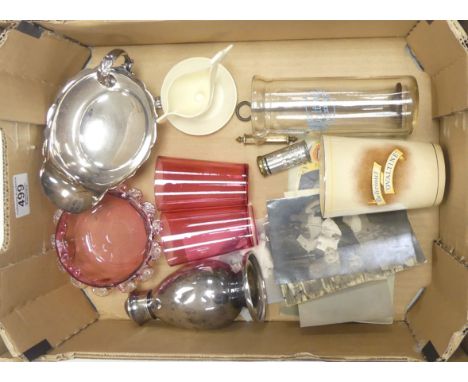 A Mixed Collection of items to include Silver Plated Communion Flask (some denting), Silverplated Sauceboat, Ovaltine Beaker 