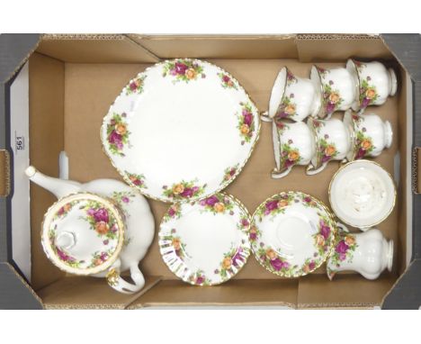 Royal Albert 'Old Country Rose' part tea set to include Teapot, Sugar Bowl, Milk Jug,  Round Double Handled Sandwich Plate, S
