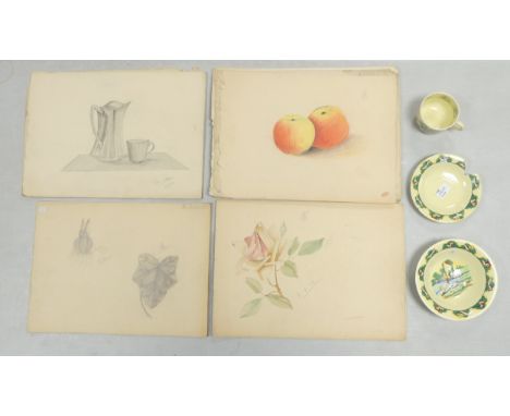 A Collection of pencil sketches from Robert Barlow and Wade Tea Cup, saucer and bowl designed by Robert Barlow. a/f. (4)