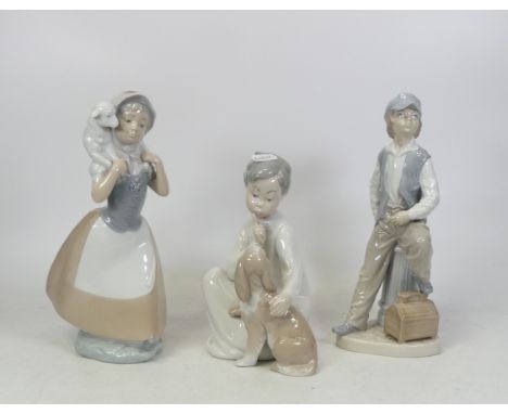 Lladro Figure of Boy Shushing Dog and Two Nao Figures to include Lady carrying a Lamb and Young Lad leaning of Water Hydrant.