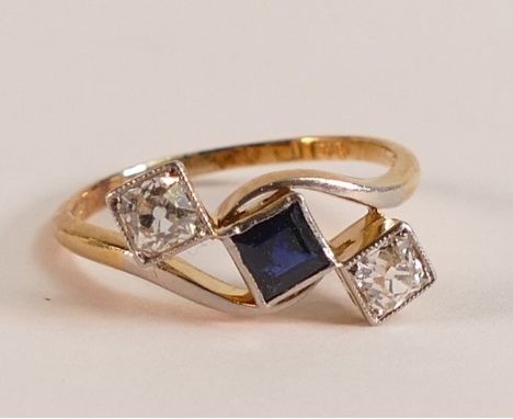 18ct Gold ring set with square cut Sapphire surrounded by two square cut Diamonds, size L, 2.3g.