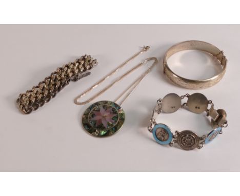 A collection of ladies Silver jewellery, including enamelled Britannia bracelet, Alpaca Mexican star pendant, necklaces, heav