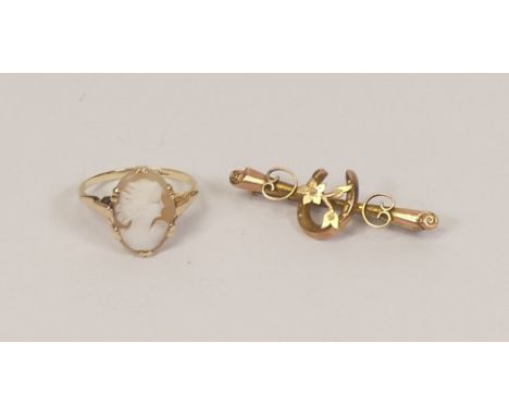 9ct gold cameo set ring size N/0, together with 9ct horseshoe brooch, both marked 9ct, gross weight 3.10g (2)