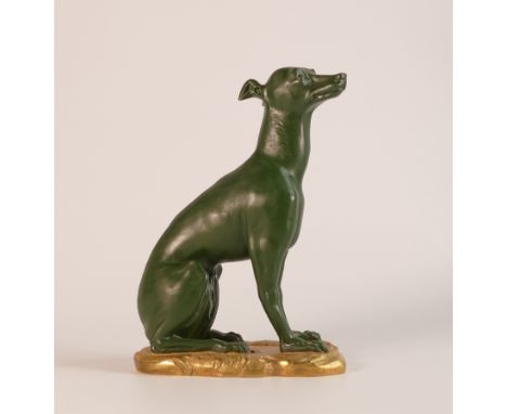 St. Petersburg Imperial Porcelain, a painted bisque model of a young greyhound. Painted in dark green with brushed gilt base.