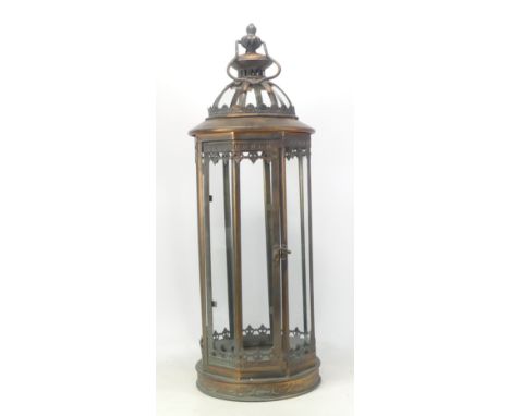 Brushed Copper and Glass Panel Lantern. Height: 58cm