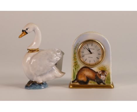 Staffordshire Chelsea Porcelain Swan Perfume Bottle, gilt mounts to neck together with Peter Graves 'Ringo The Ferret' mantle