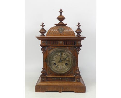 Carved Victorian Mantle Clock with Bevelled Glass Dial Cover and Junghans movement. Height: 38cm
