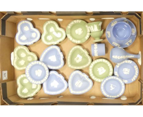 Wedgwood, A Collection of mostly Blue Jasperware dishes, candlestick, trays etc. includes two non Wedgwood Jasperware items (
