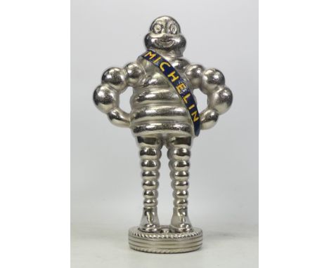 Michelin, Advertising Bibendum Man in Chrome with Blue and Yellow Sash. Height: 37cm