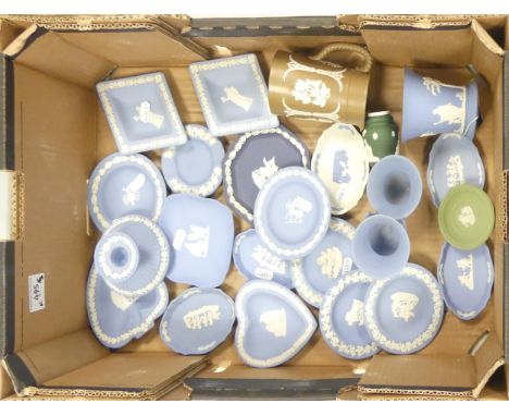 Wedgwood, A Collection of mostly Blue Jasperware dishes, candlestick, trays etc. includes two non Wedgwood Jasperware items (