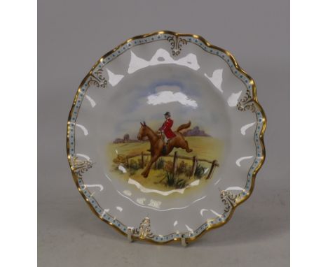 Royal Crown Derby, hunting cabinet plate with gilt and jewelled border. Diameter: 22cm