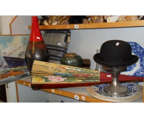 Vintage clothing: Bowler hat by Christy's of London, large fan, Chinese pottery etc (one shelf)