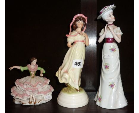 Three china lady figurines, Pinkie by Goebel, an Edwardian lady and another