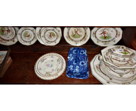 Part Royal Doulton "Peking" dinner service, three Clarice Cliff "Old Bristol" plates and a modern blue and white cheese dish
