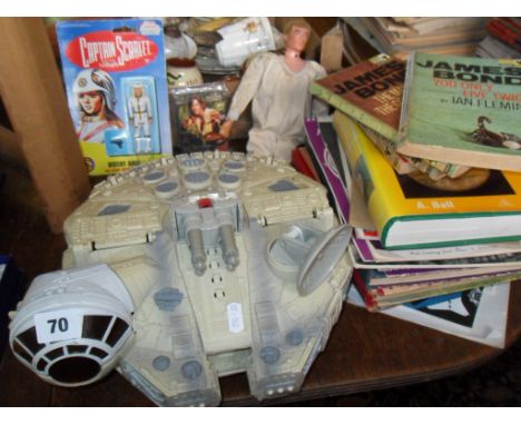 Star Wars spaceship model, vintage Action Man, Captain Scarlet carded figure, vintage James Bond paperbacks, collectable card