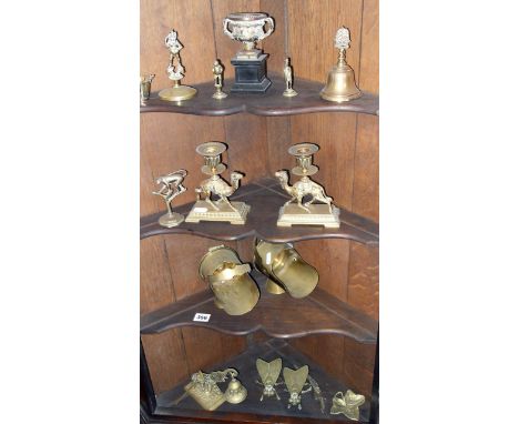 Collection of assorted brassware inc. two WW1 Trench Art coal scuttle models inscribed "Arras 1917" and "Somme 1916", a pair 