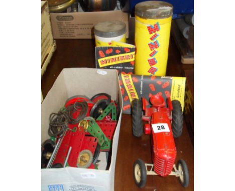 Box of Meccano, 2 containers of Minibrix and a large Lesney Massey Harris diecast tractor
