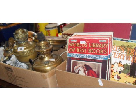 Old oil lamp bases, brass light fitting etc. and assorted books