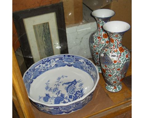 Masons Ironstone blue & white wash basin, and two Continental vases (A/F)