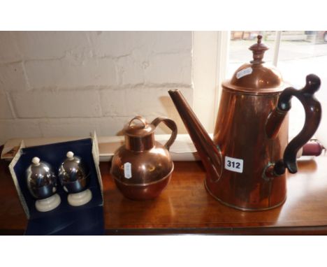 Copper chocolate pot and Guernsey cream jug with boxed Staywarm Art Deco egg cups and Chinese calligraphy scroll