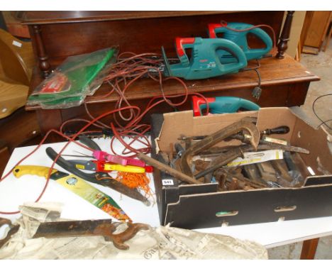 Quantity of assorted tools, and three Bosch hedge trimmers and other garden tools