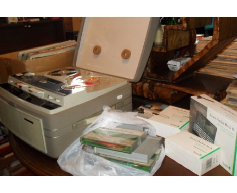 1960's Stellaphone reel-to-reel tape recorder with extra tapes and leads etc. Together with electronic Acorn Pocket Book II c