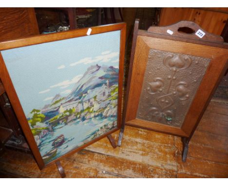 Arts & Crafts firescreen with embossed copper panel, and a tapestry firescreen
