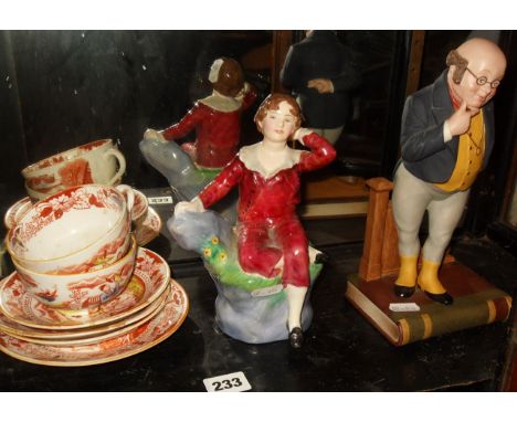 Aynsley china figurine of Mr Pickwick, a Louis Martin china figurine "Red Boy" and two Victorian Chinoiserie pattern china cu