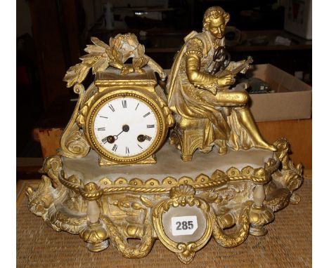 19th c. French marble and gilt metal mantle clock surmounted with lyre player