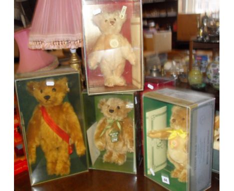 Four boxed Steiff Replica Teddy Bears:  Mint condition with LE certificates - 1907 bear; Harrods Musical Bear, Teddy Rose and