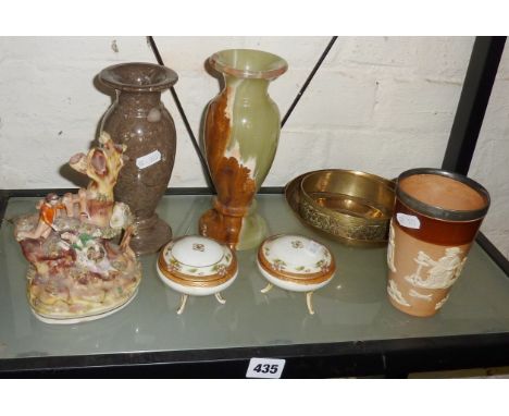 Pair of Noritake lidded pots with tripod legs, a Doulton Lambeth tumbler with white metal rim, carved stone vases etc